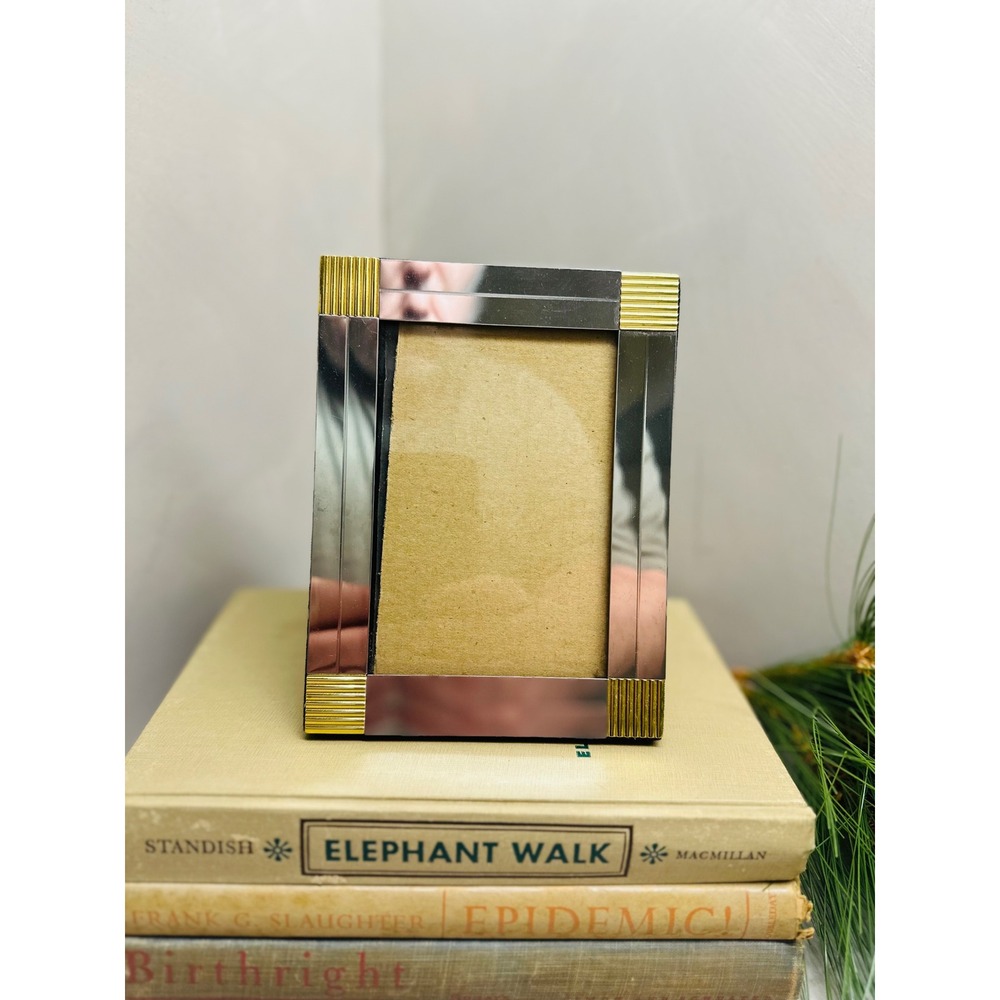 Vintage Two Tone Chrome and Brass Ribbed Corner 3.5x5 Frame Art Deco Revival